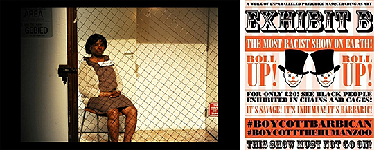 Figure 1: Brett Bailey, Exhibit B (screenshot via Vimeo) and poster calling for a boycott of the exhibition